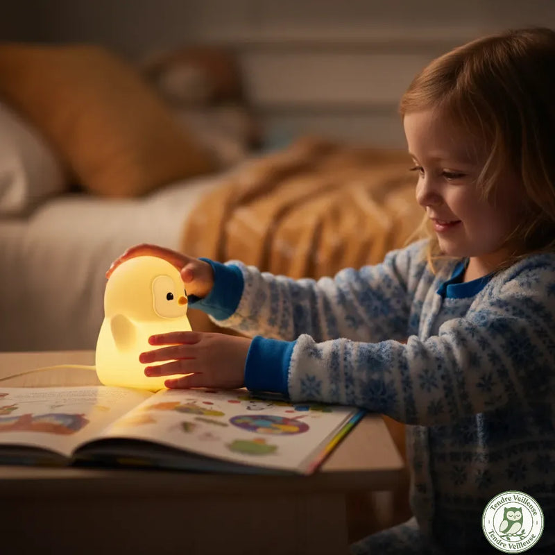 Enfant en pyjama souriant avec veilleuse pingouin Pingo silicone lors de lecture du soir, lumière chaude douce, Tendre Veilleuse