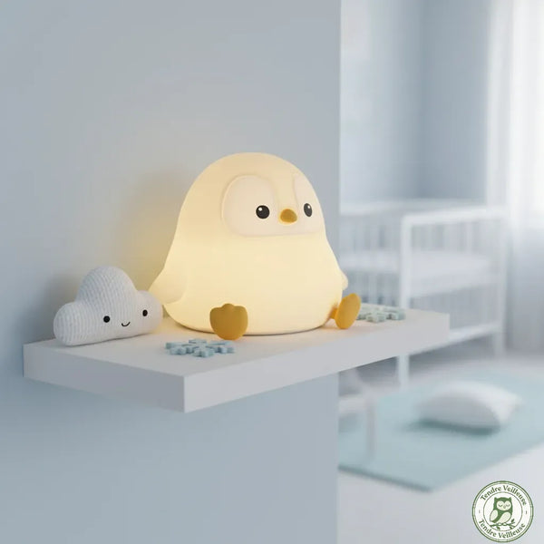 Veilleuse pingouin grand format Pongo allumée sur étagère chambre bébé, lumière chaude 2700K rechargeable USB, silicone souple, Tendre Veilleuse