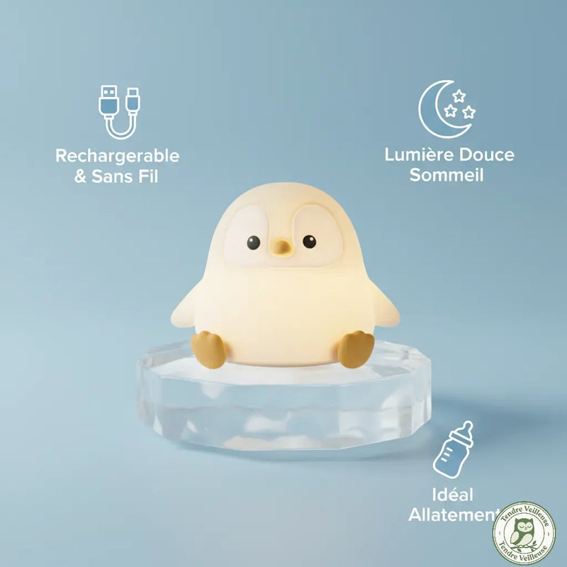 Veilleuse pingouin Pongo rechargeable sans fil lumière douce sommeil idéale allaitement nuit, silicone souple sans BPA, Tendre Veilleuse