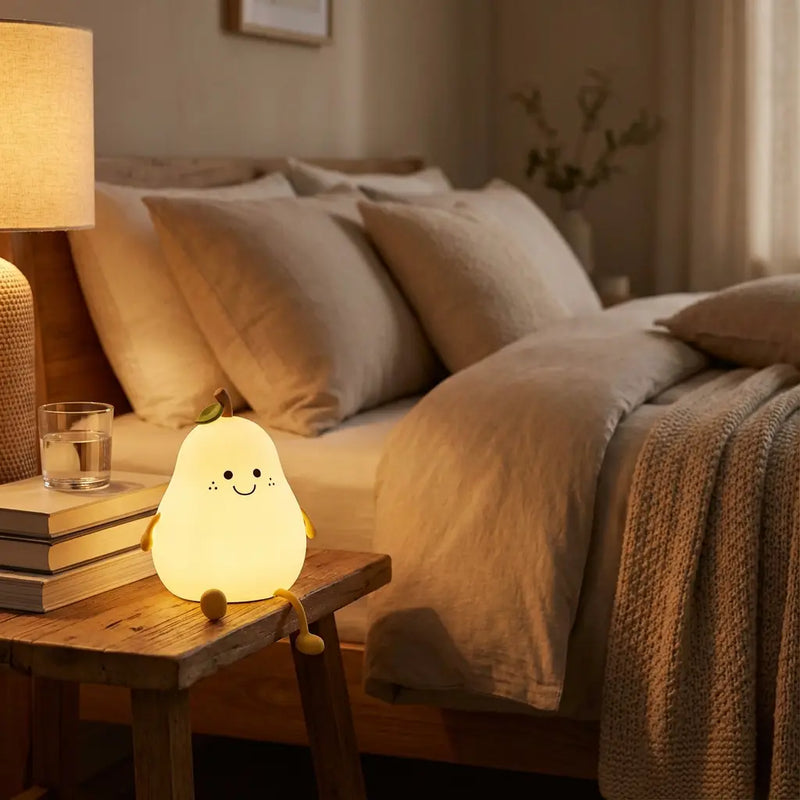 Veilleuse Poire installée sur une table de nuit dans une chambre d'enfant cosy, servant de lampe de lecture douce.