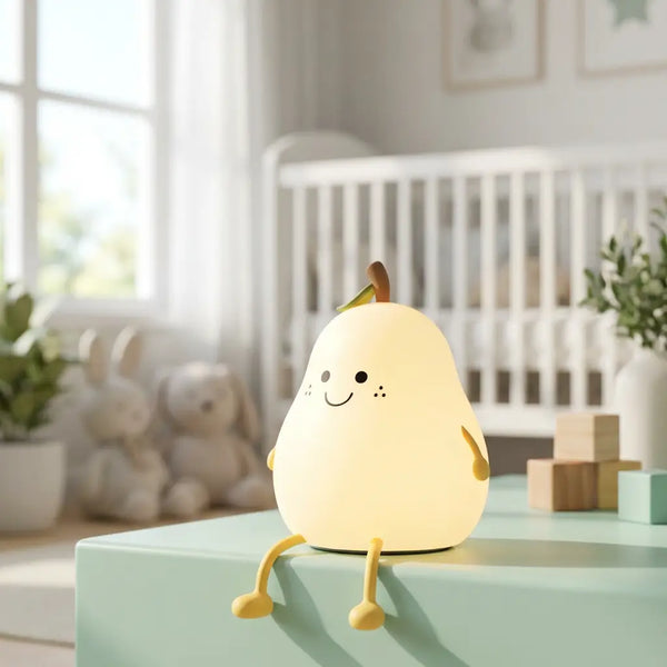Veilleuse Poire éteinte posée sur une table, montrant sa texture en silicone blanc mat et doux à la lumière du jour.