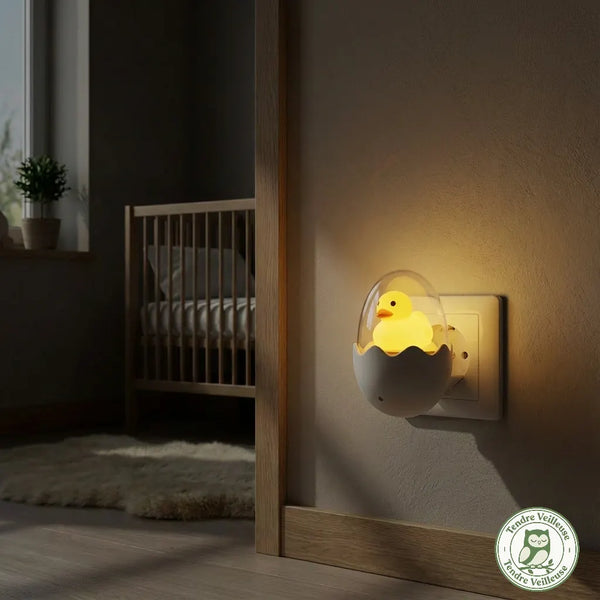 Veilleuse prise canard automatique allumée en lumière jaune chaude dans une chambre enfant, Tendre Veilleuse