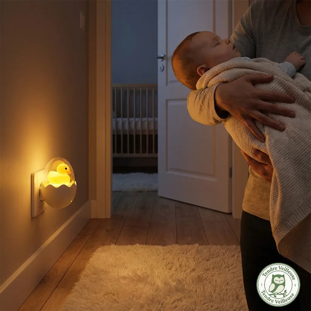 Veilleuse prise bébé automatique éclairant le passage d'un parent avec son nourrisson endormi grâce à une lumière jaune ambrée douce idéale pour les soins nocturnes sans éblouir ni perturber la sécrétion de mélatonine.