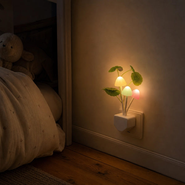 Veilleuse prise champignon silicone allumée dans chambre enfant de nuit, trois LED colorées et lumière douce, Tendre Veilleuse