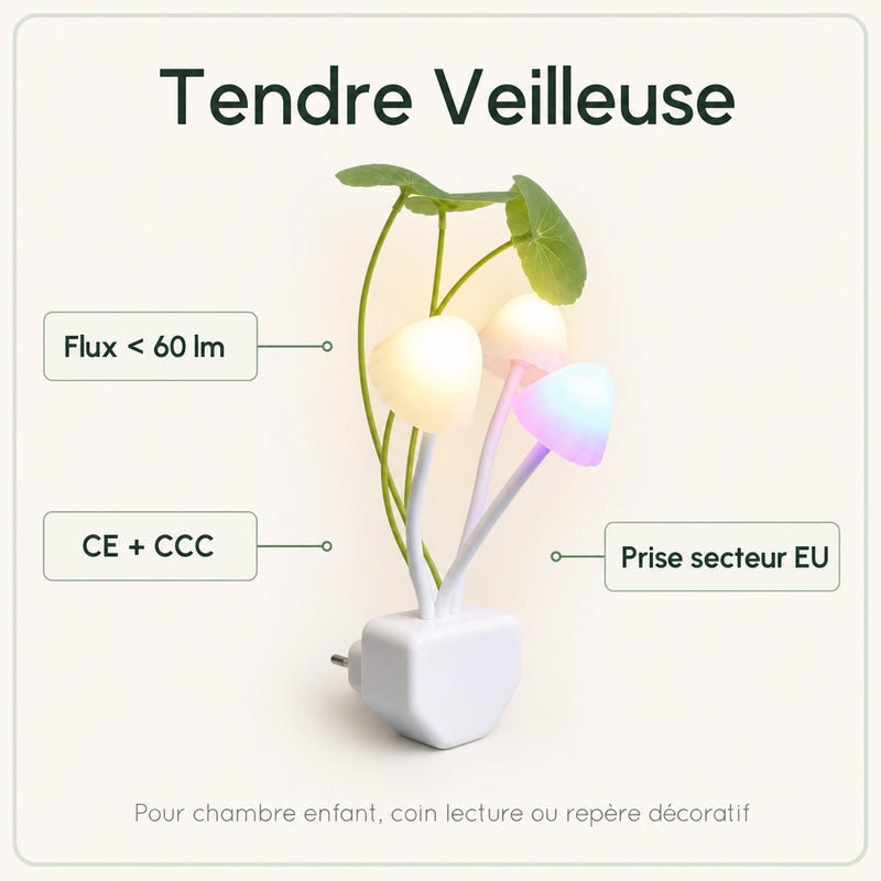 Veilleuse prise champignon silicone 3 LED avec flux inférieur à 60 lm, certifications CE + CCC et prise secteur EU, Tendre Veilleuse