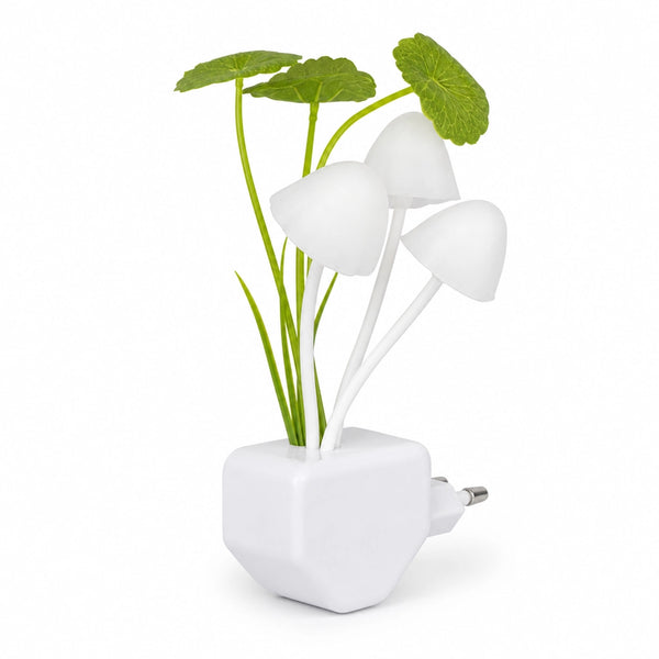 Veilleuse prise champignon silicone 3 LED éteinte sur fond blanc avec base ABS, herbe PP et prise EU, Tendre Veilleuse