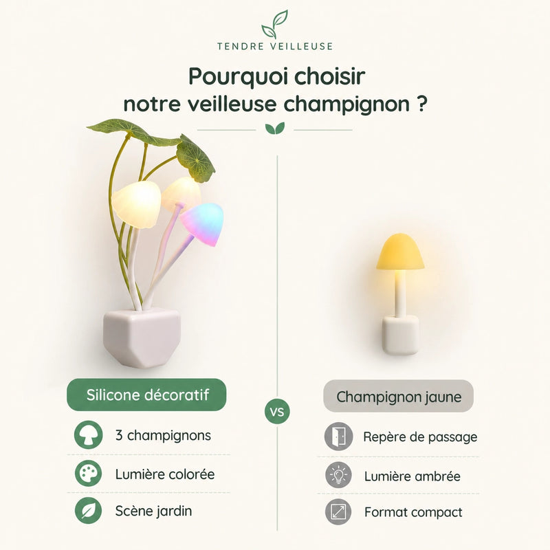 Comparatif veilleuse prise champignon silicone décorative et veilleuse champignon jaune de passage, Tendre Veilleuse