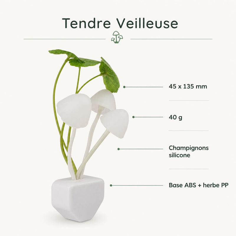 Veilleuse prise champignon silicone 45 x 135 mm et 40 g, infographie matériaux silicone ABS et PP, Tendre Veilleuse