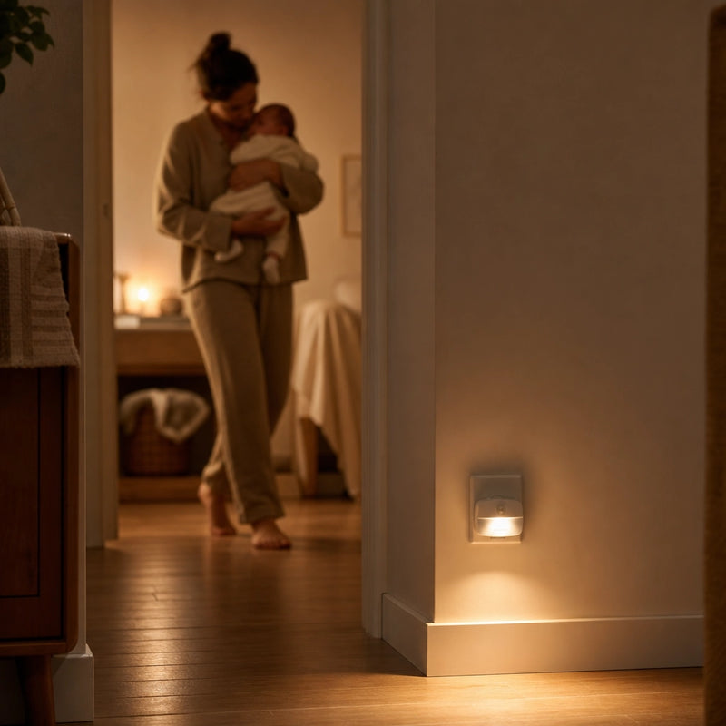 Parent avec bébé guidé par veilleuse prise détecteur mouvement PIR dans couloir de nuit, Tendre Veilleuse