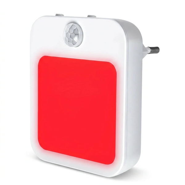 Veilleuse prise lumière rouge avec capteur de mouvement sur fond blanc, format produit e-commerce Tendre Veilleuse