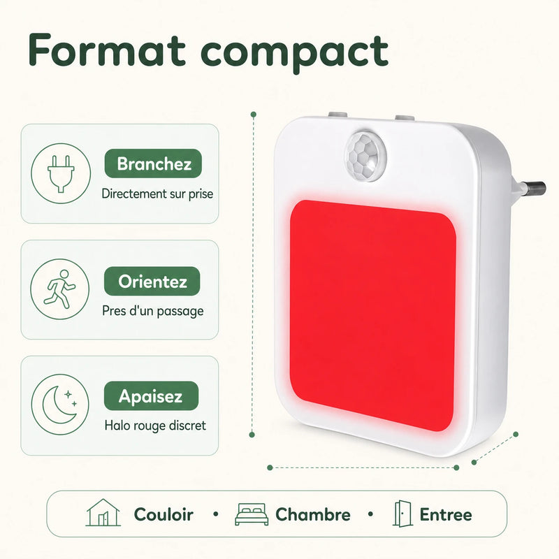 Infographie veilleuse prise rouge format compact pour prise murale, couloir, chambre et entrée Tendre Veilleuse