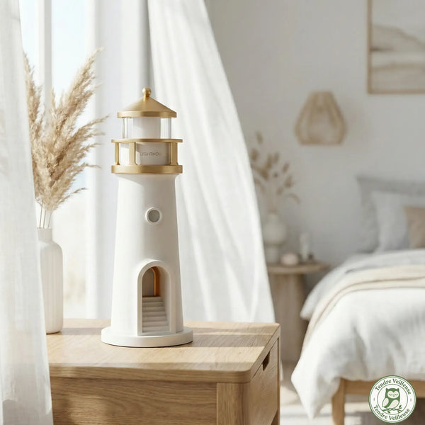 Veilleuse projecteur lune design en forme de phare blanc posée sur une table de chevet dans une chambre d'enfant en journée.