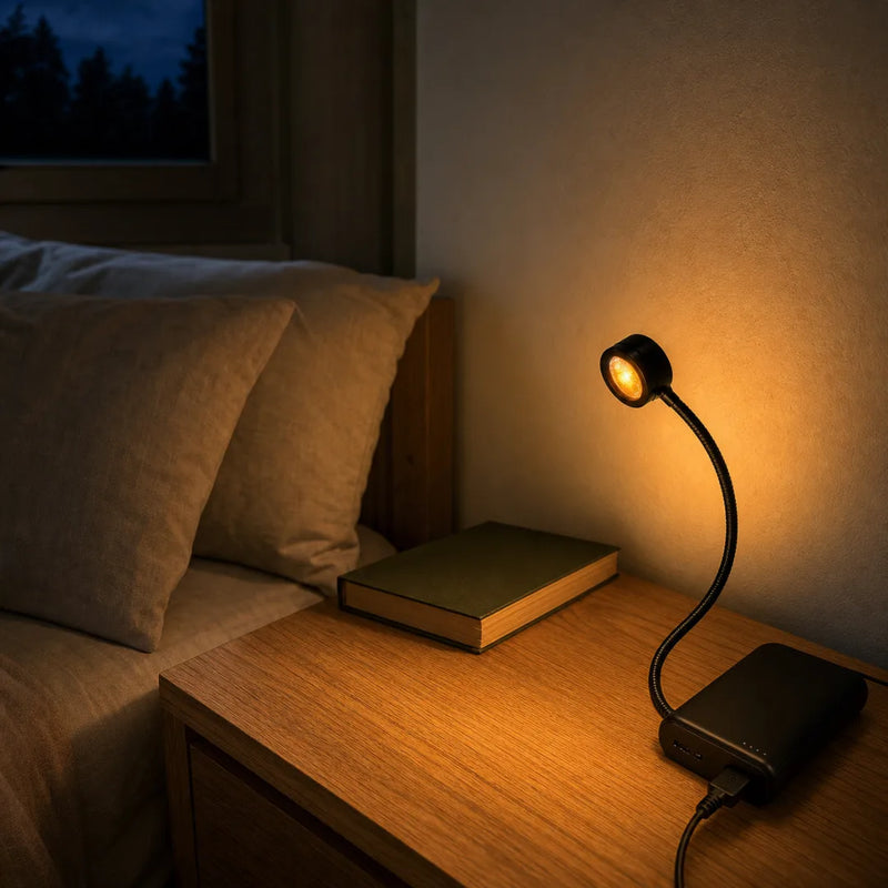 Lampe USB allumee en dore sur une table de nuit dans une chambre sombre, ambiance chaleureuse - Tendre Veilleuse