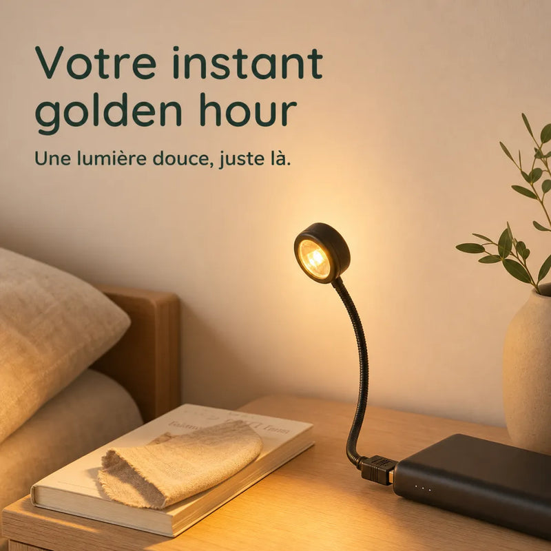 Lampe USB col de cygne posee sur une table de chevet, lumiere doree golden hour douce le soir - Tendre Veilleuse