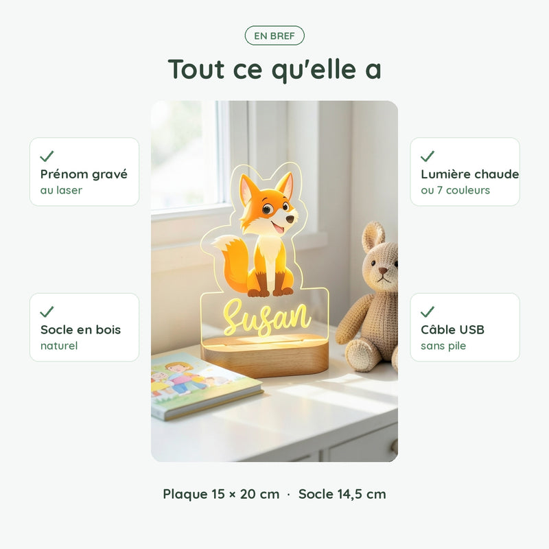 Veilleuse renard personnalisée en bref : prénom gravé, socle en bois, lumière chaude ou 7 couleurs, USB sans pile