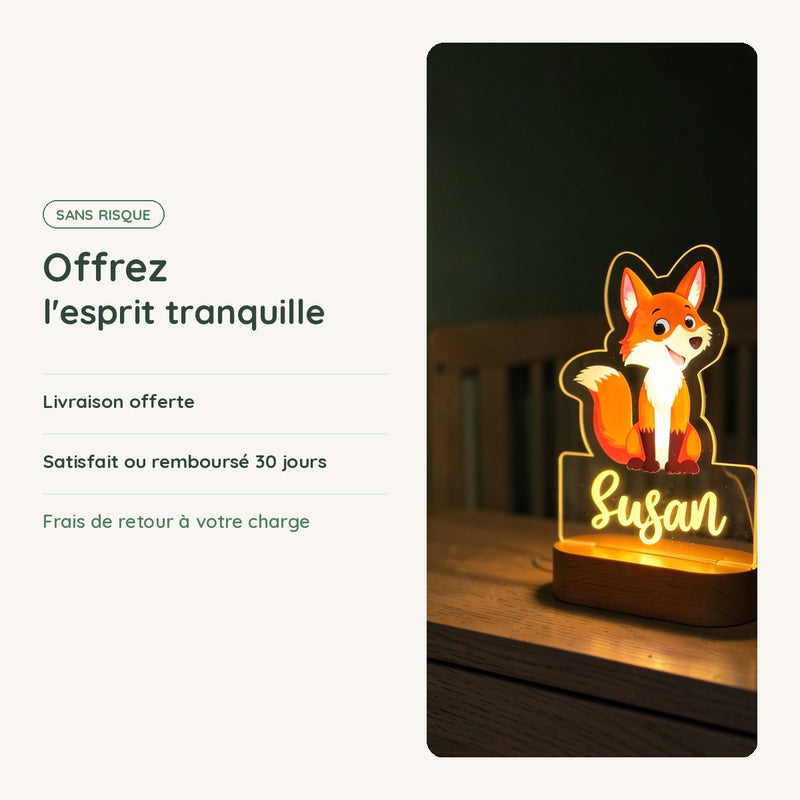 Veilleuse renard personnalisée : livraison offerte, satisfait ou remboursé 30 jours