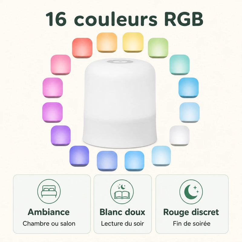 Infographie veilleuse RGB rechargeable avec 16 couleurs, blanc doux et rouge discret Tendre Veilleuse