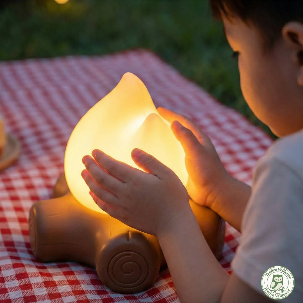 Gros plan sur les mains d'un enfant touchant la flamme en silicone de la veilleuse, démontrant la matière souple et la sécurité de la LED qui ne chauffe pas.