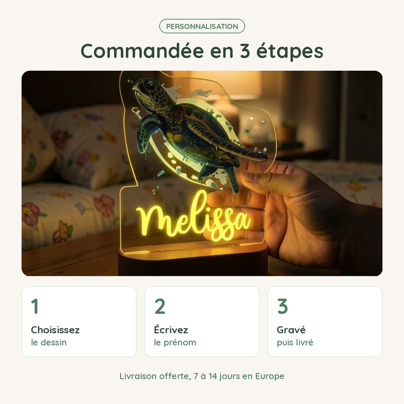 Veilleuse tortue personnalisée commandée en 3 étapes : dessin, prénom, gravure et livraison offerte