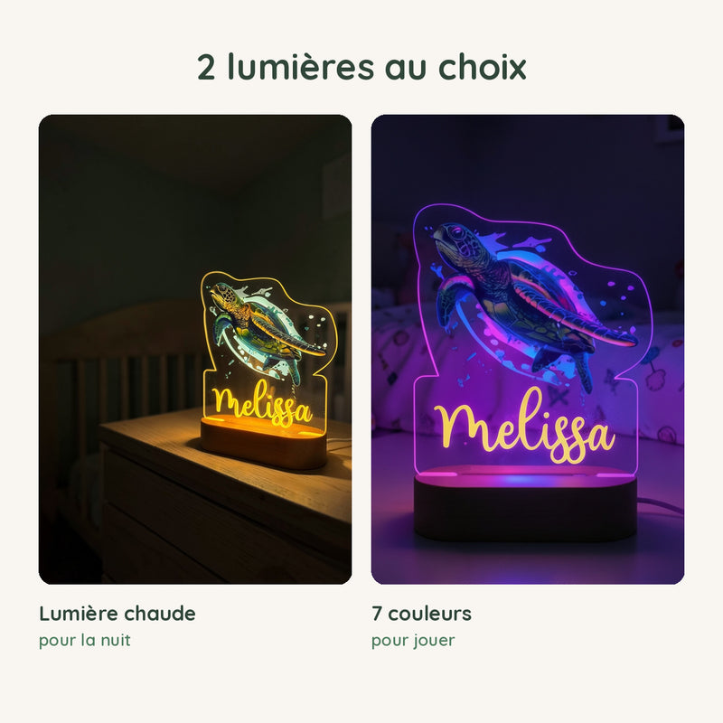 Veilleuse tortue personnalisée en lumière chaude pour la nuit ou en 7 couleurs pour jouer
