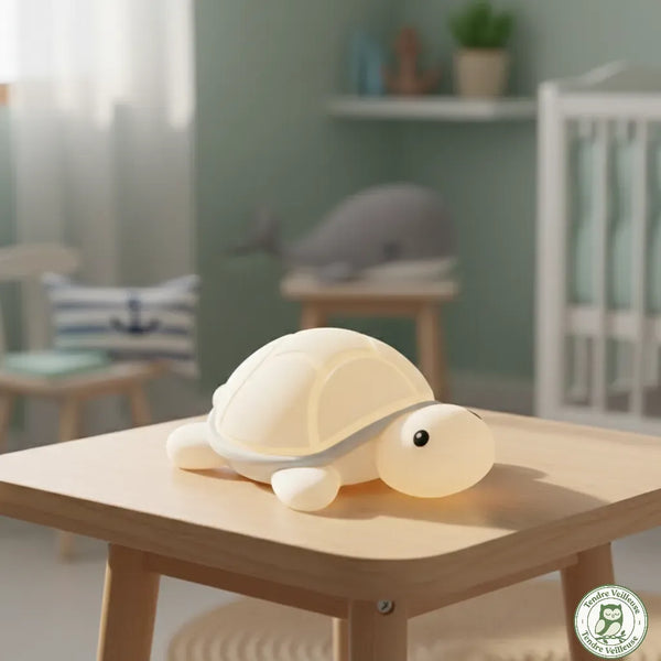 Veilleuse tortue en silicone souple (Soft Touch) posée sur une table de chevet, diffusant une lumière douce et apaisante dans une chambre de bébé, idéale comme cadeau de naissance.