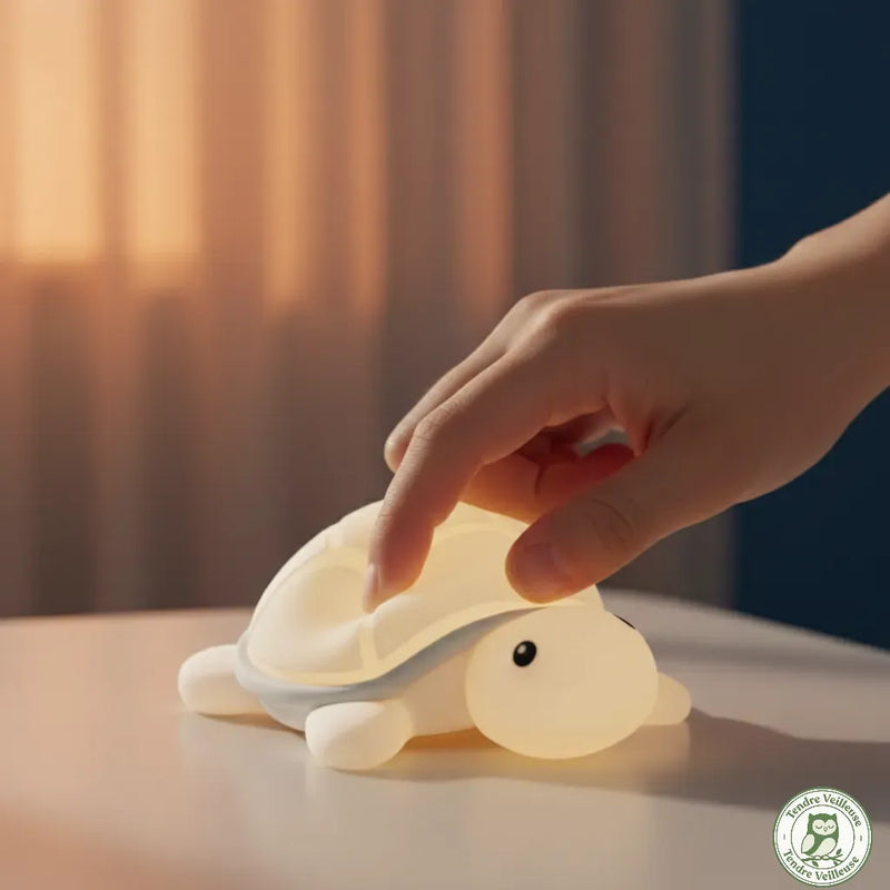 Démonstration de la souplesse de la veilleuse tortue : une main presse la carapace en silicone tactile pour l'allumer, prouvant sa matière douce, moelleuse et incassable pour la sécurité de l'enfant.
