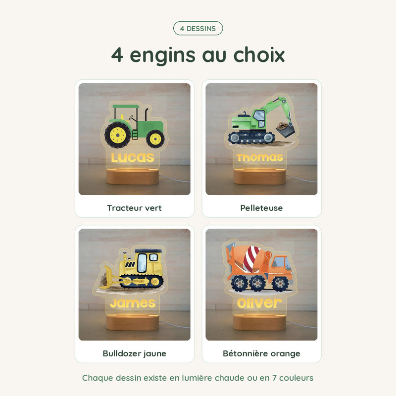 Les dessins de la veilleuse tracteur personnalisée, chacun en lumière chaude ou 7 couleurs