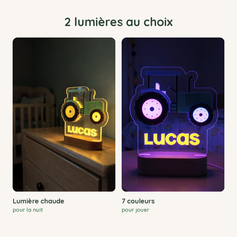 Veilleuse tracteur personnalisée en lumière chaude pour la nuit ou en 7 couleurs pour jouer