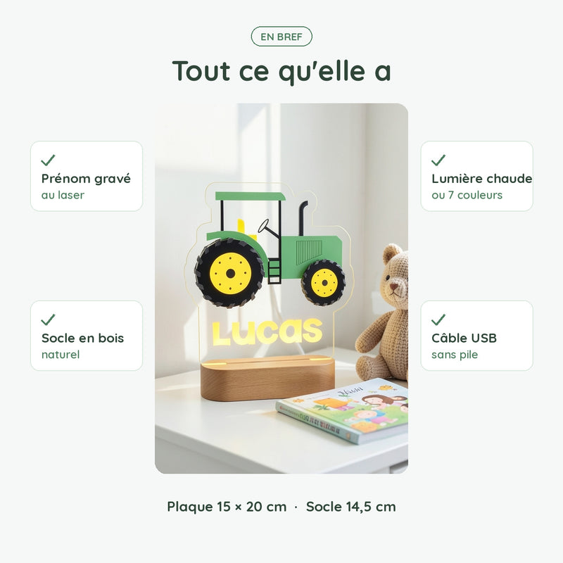 Veilleuse tracteur personnalisée en bref : prénom gravé, socle en bois, lumière chaude ou 7 couleurs, USB sans pile