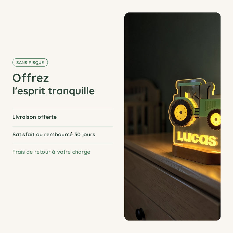 Veilleuse tracteur personnalisée : livraison offerte, satisfait ou remboursé 30 jours