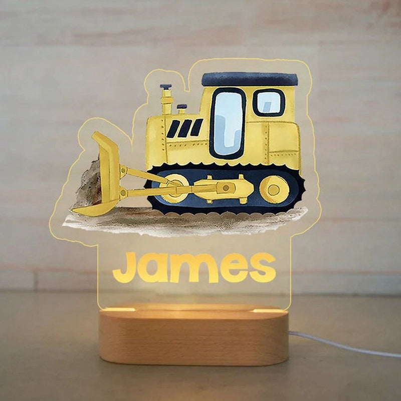 Veilleuse tracteur personnalisée bulldozer jaune avec prénom gravé, plaque acrylique allumée sur socle en bois