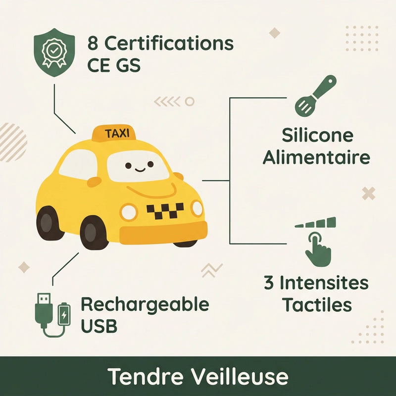 Infographie veilleuse voiture taxi silicone : silicone alimentaire sans BPA, 3 intensités tactiles, 8 certifications CE GS ROHS, rechargeable USB, fond beige Tendre Veilleuse — Tendre Veilleuse
