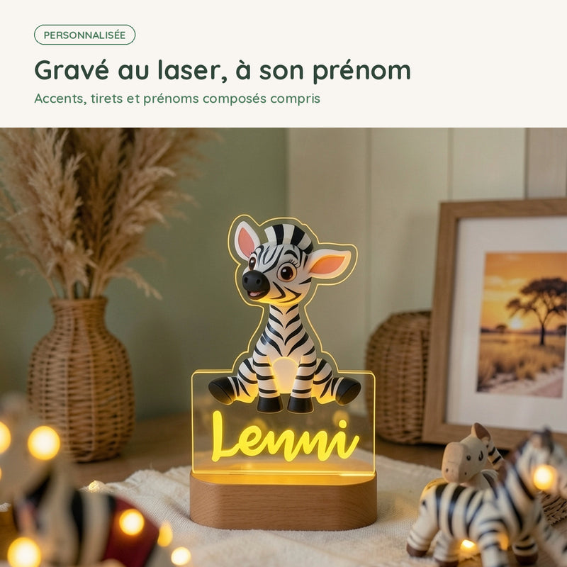 Prénom gravé au laser sur la veilleuse zèbre personnalisée, accents et prénoms composés compris