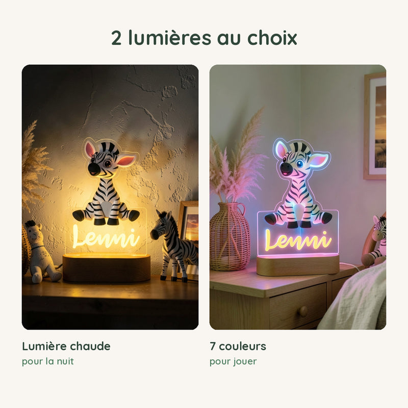 Veilleuse zèbre personnalisée en lumière chaude pour la nuit ou en 7 couleurs pour jouer