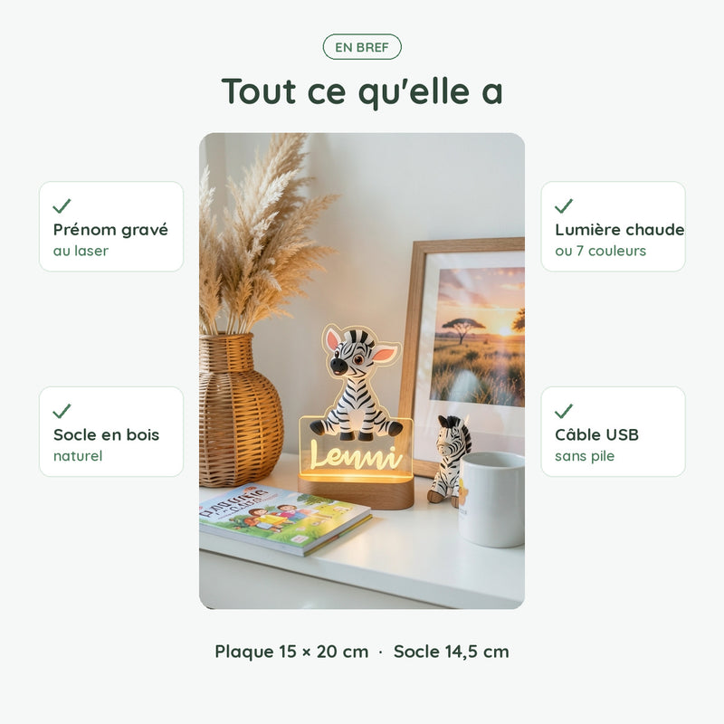Veilleuse zèbre personnalisée en bref : prénom gravé, socle en bois, lumière chaude ou 7 couleurs, USB sans pile