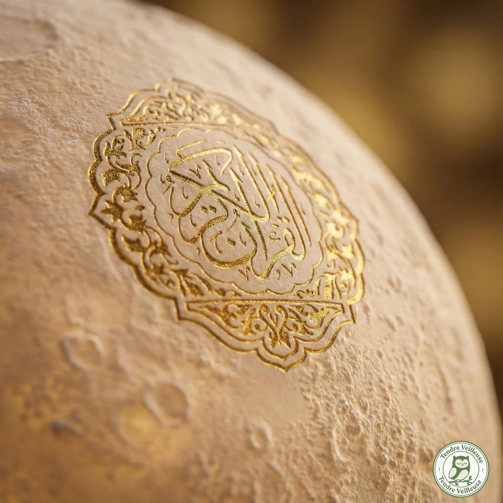 Gros plan macro sur la surface en relief 3D de la veilleuse lune, mettant en valeur la finesse de la calligraphie coranique dorée et la qualité des finitions.