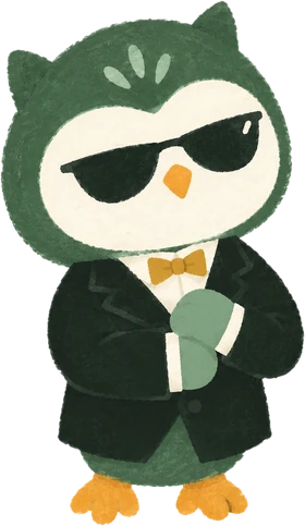 Lumie, le hibou de Tendre Veilleuse, en costume et lunettes noires
