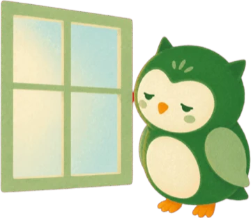 Lumie, le hibou de Tendre Veilleuse, devant une fenêtre au petit matin